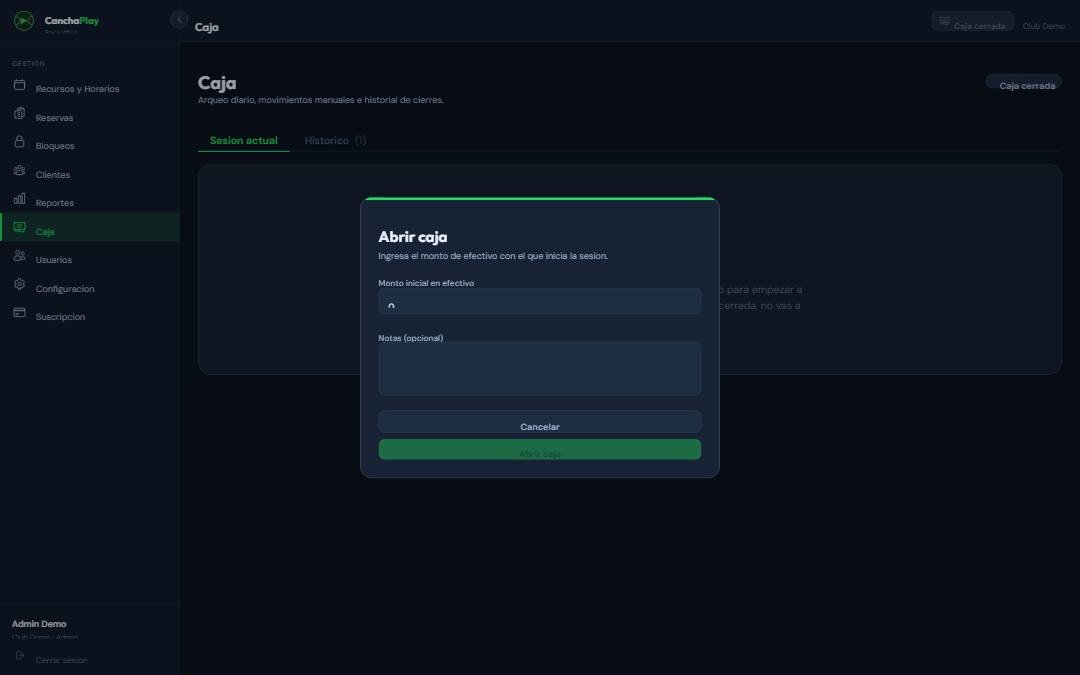 Modal Abrir caja vacío con los campos Monto inicial y Notas opcional