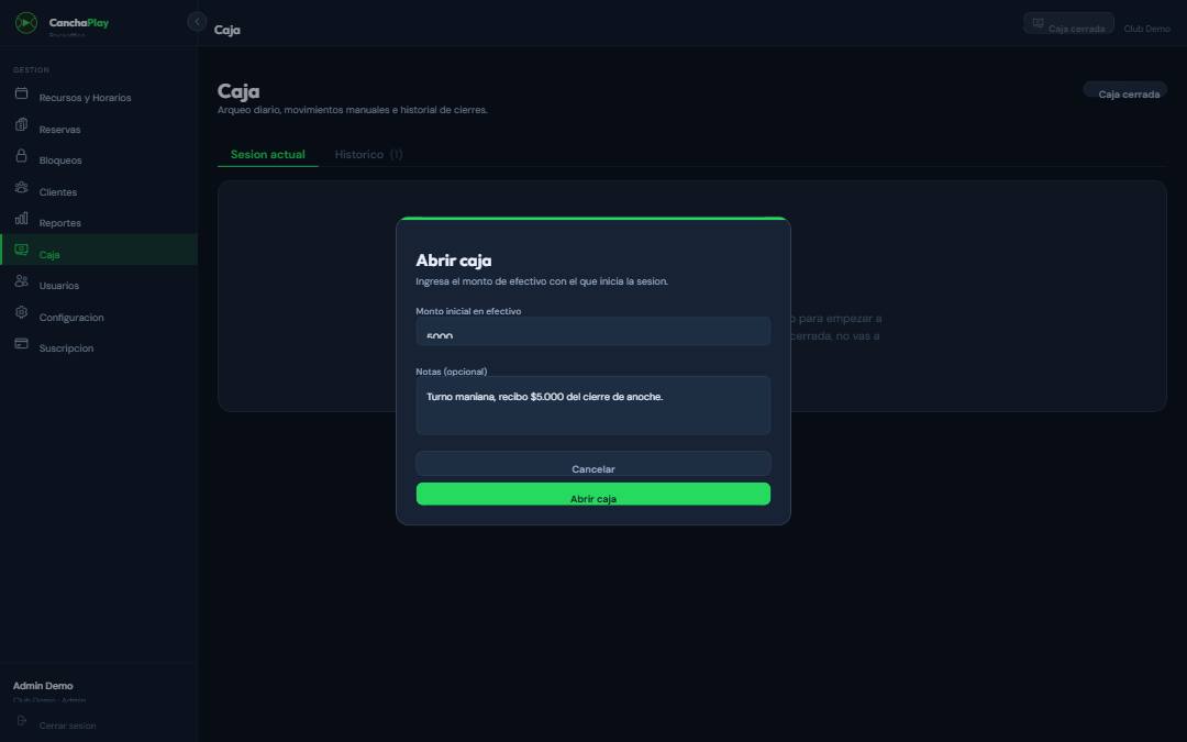 Modal Abrir caja con $5.000 y una nota escrita