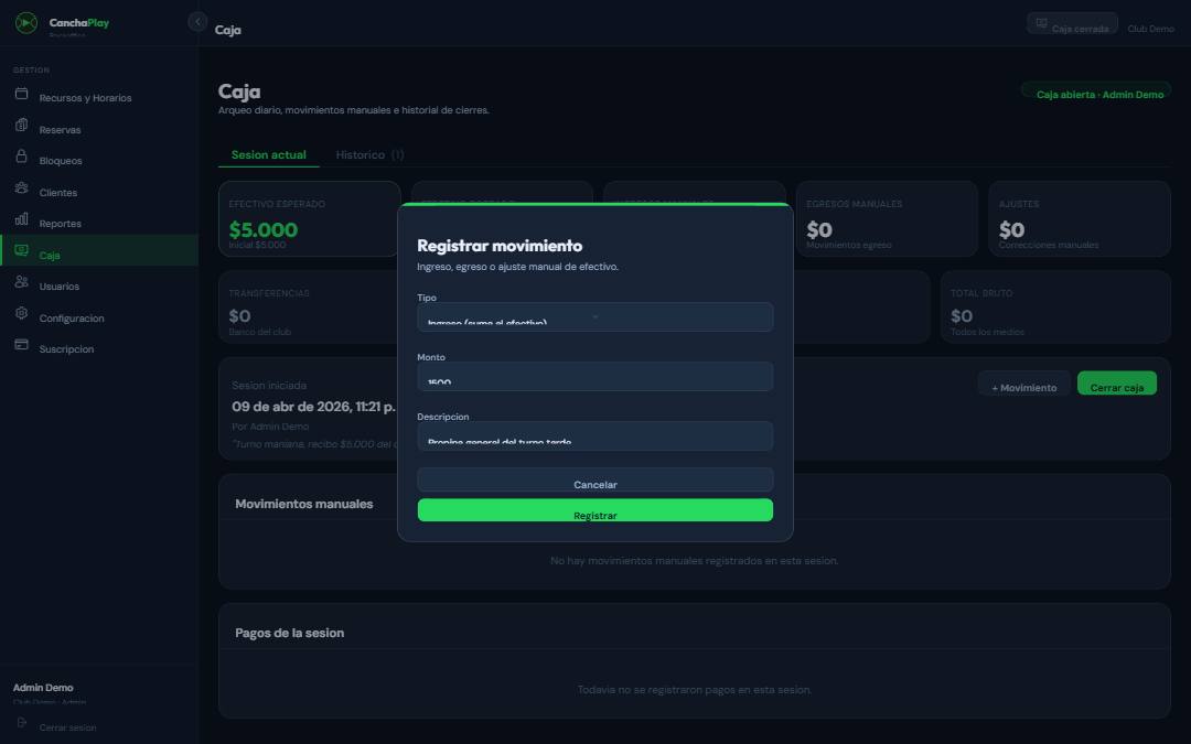 Modal Registrar movimiento con tipo Ingreso, monto 1500 y descripción 'Propina general del turno tarde'