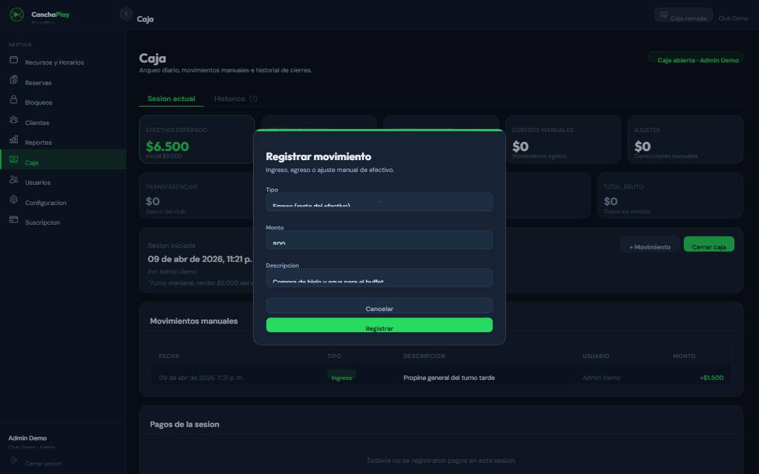 Modal Registrar movimiento con tipo Egreso, monto 800 y descripción 'Compra de hielo y agua para el buffet'
