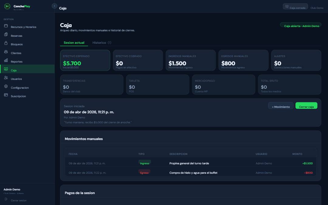 Dashboard con los dos movimientos registrados: Ingreso $1.500 y Egreso $800, Efectivo esperado actualizado a $5.700
