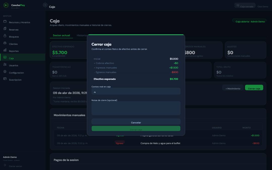Modal Cerrar caja con desglose: inicial, cobros, ingresos, egresos y efectivo esperado