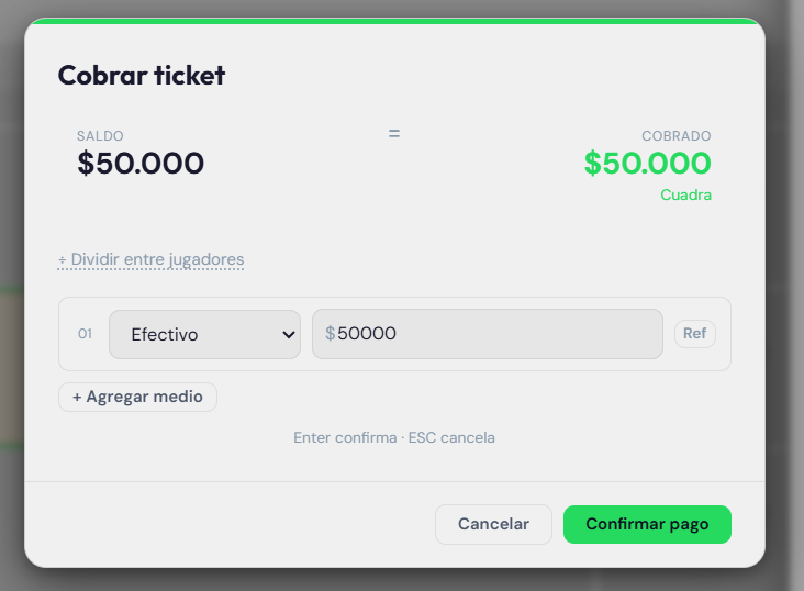 Modal 'Cobrar ticket' recién abierto, con una sola línea pre-cargada y el total en verde que dice Cuadra