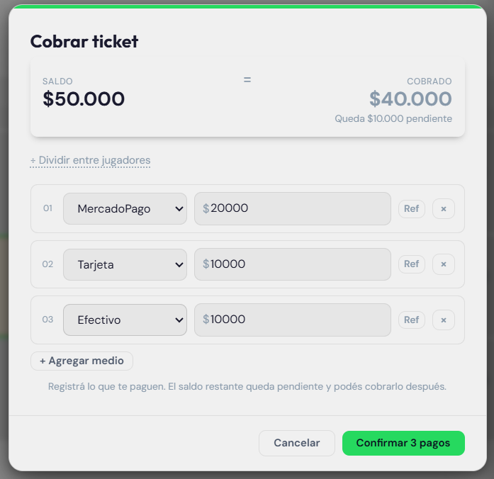 Modal con 3 líneas de pago (efectivo + tarjeta + transferencia), cada una con su monto, total en verde