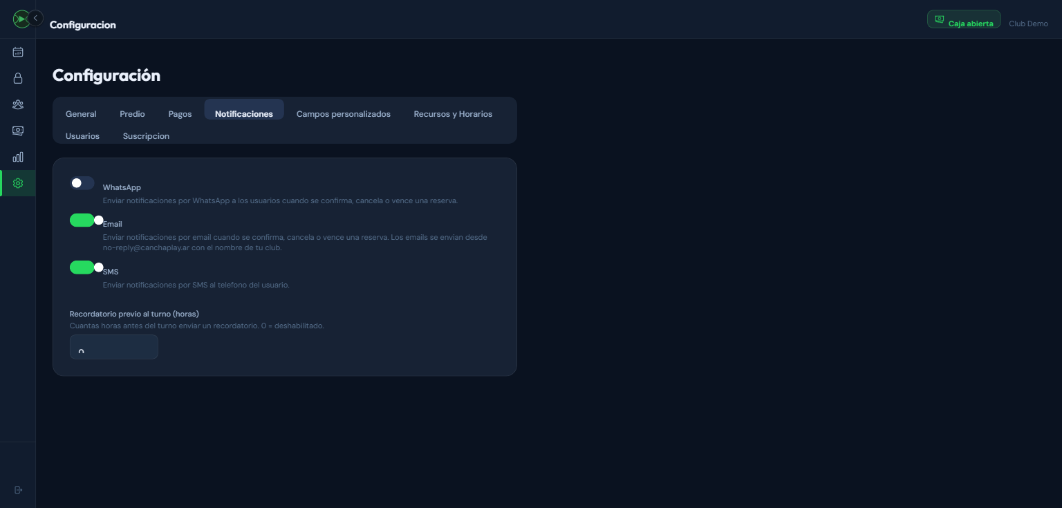 Tab Notificaciones con toggles de canales WhatsApp, Email, SMS y configuracion de recordatorio