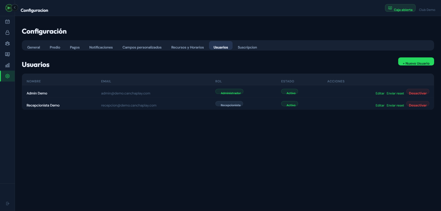 Tab Usuarios con listado de usuarios internos del club, botones de crear, editar, enviar reset y desactivar