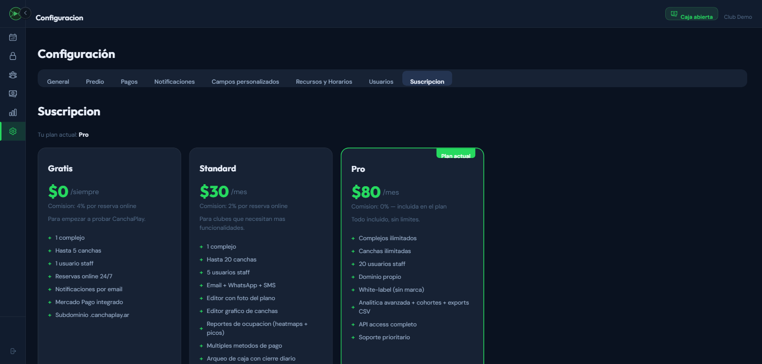 Tab Suscripcion con plan actual y comparativa de planes Gratis, Standard y Pro con precios y funcionalidades