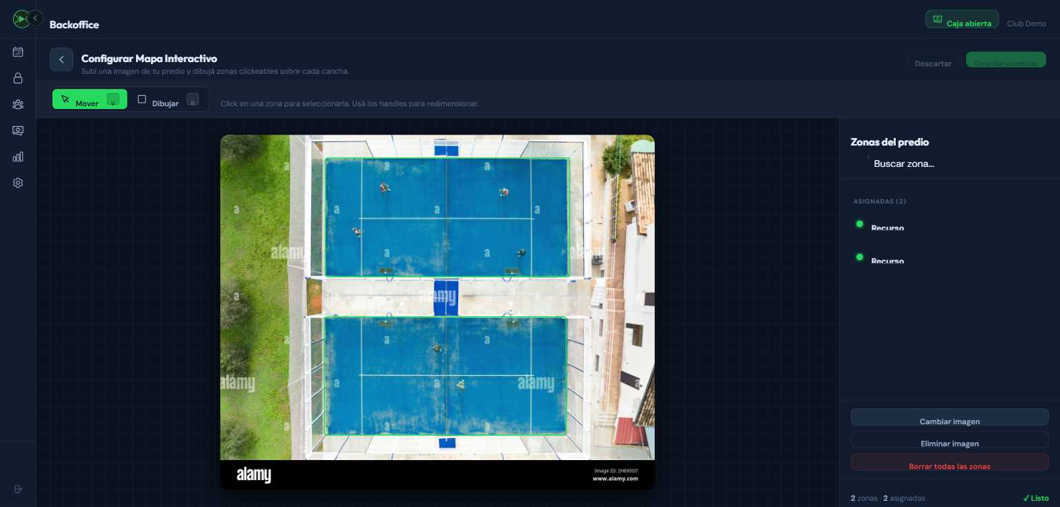 Editor de mapa interactivo con foto aerea del predio, zonas clickeables rectangulares sobre canchas y panel lateral de asignacion