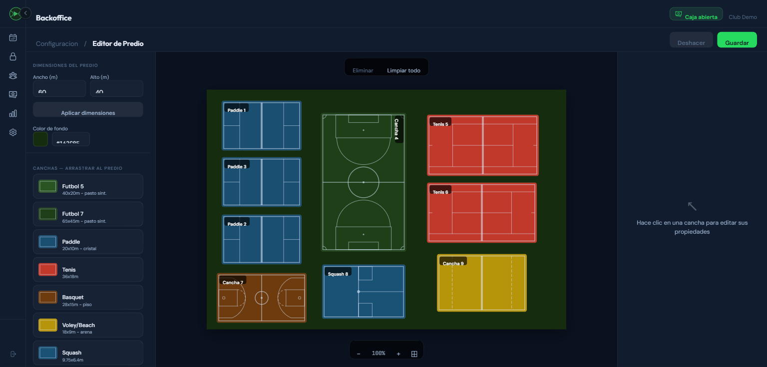 Editor grafico de predio con canchas drag-and-drop, lineas por deporte, texturas, colores, elementos decorativos y panel lateral de propiedades