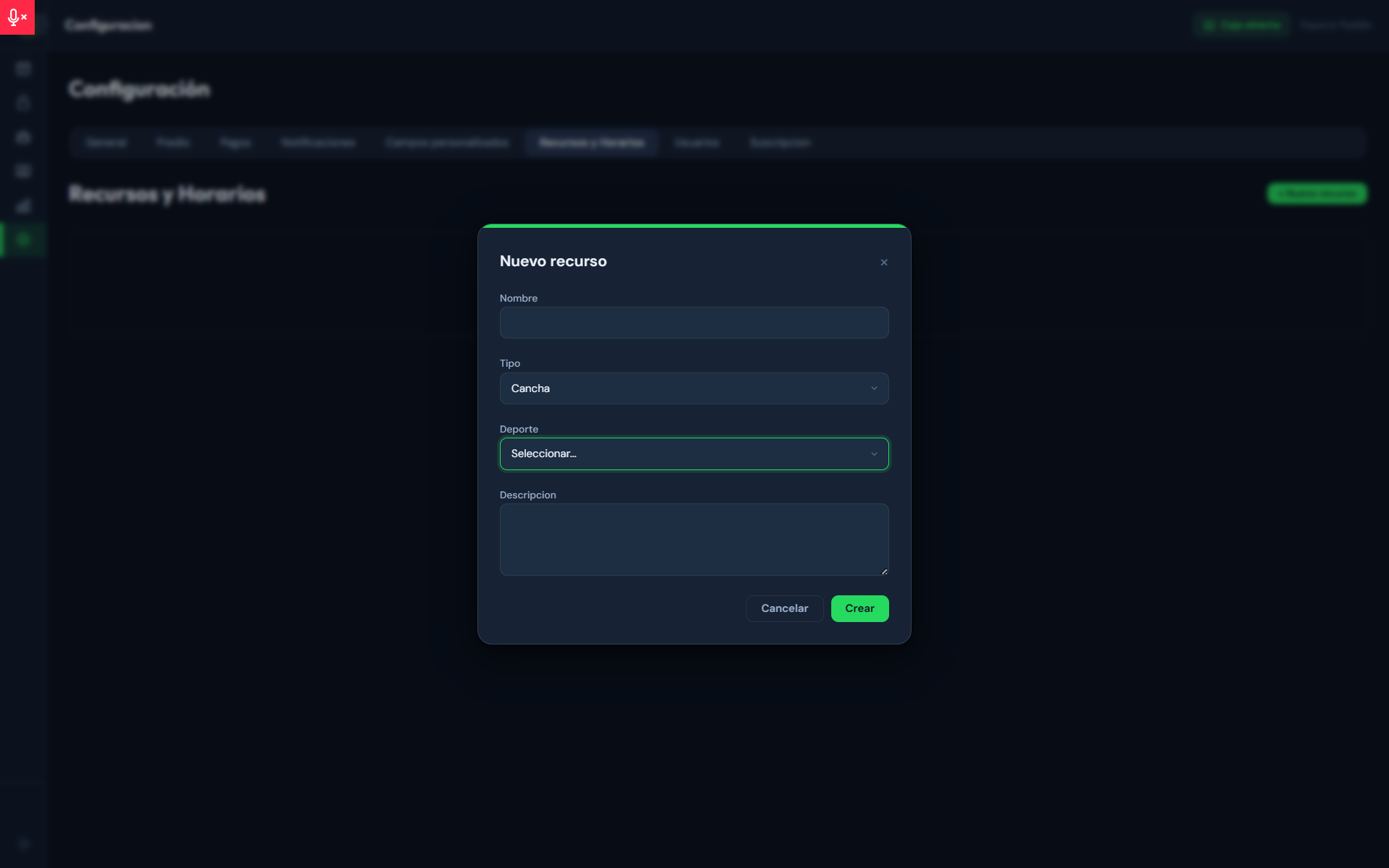 Modal Nueva cancha con campos Nombre, Tipo (Cancha), Deporte (selector), Descripcion y botones Cancelar y Crear
